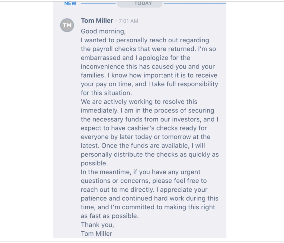 A screenshot of an image from Bulle owner Tom Miller, that showed up on Reddit.com after payroll problems.